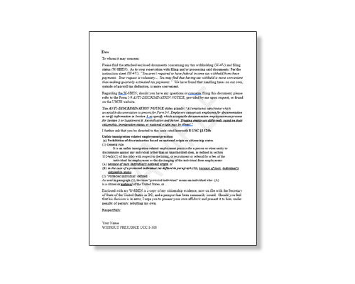 Sample Letter W-8BEN  W-4V
