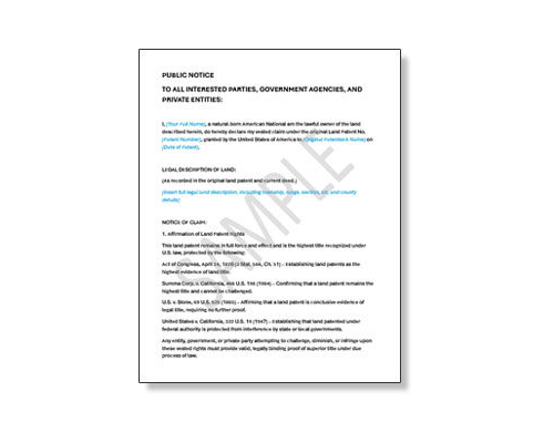 Sample Land Patent Public Notice