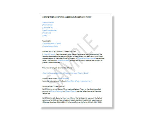 Sample Certificate of Acceptance and Declaration of Land Patent